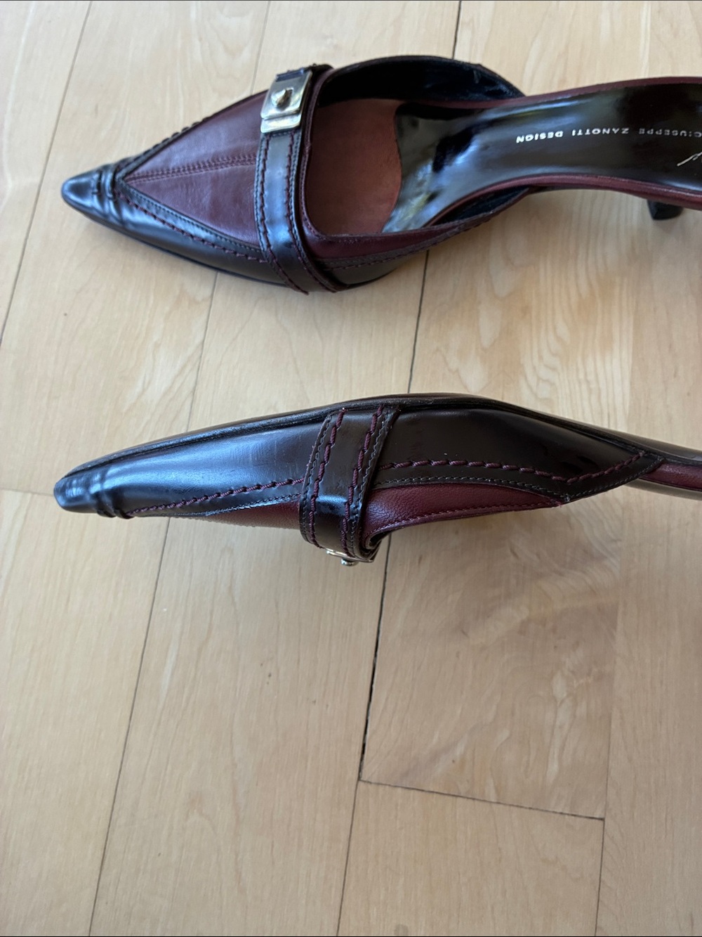 Vintage Giuseppe Zanotti Burgundy Pointed Leather Slip-On Mules/Kitten Heels - Picture 9 of 16